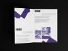 Photo of a promotional brochure for Gut Bennigsen showing the "Before" spread on a black background. The design is mostly white with purple geometric shapes, photos and smaller text.