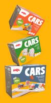 Three colorful HABA Cars packaging boxes balancing on top of each other.