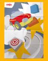 Top down photo of a poster for the HABA Cars products showing an illustration of a red cartoony car bursting through clouds.