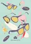 herr menig optik illustration poster in a comic style featuring glasses, a surfboard, and a flamingo, all dissected by coins reading "25%"