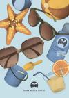Herr menig optik poster illustration including beach day items such as sunglasses, a starfish, a cocktail, sunscreen, a beach ball and a sand bucket