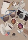herr menig optik illustration poster of various items found in a cafe including coffee beans strewn about, a tipped over coffee cup, glasses and a notepad