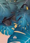 Herr menig optik poster illustration of glasses among tropical pal leaves in a blue gradient