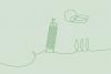 Mia Via secondary illustration of the Leaning Tower of Pisa accompanied by clouds and a landscape in a continuous line style