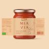 Mia Via Tomato Sauce Jar packaging design mockup with flat layout of full label including ingredients and nutritional facts
