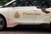 Close-up left side view of a BMW i3 parked in front of a green hedge wrapped in graphics for Pinecone Childcare in Portland, Oregon. It is mostly beige with pink and dark purple shapes. It has a pinecone logo on it with the slogan "Childcare done nicely" on it.