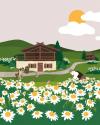 Illustration for the German tea company Pure Tea showing an alpine pasture with chamomile flowers and a two mountain cabins. An old man is cutting chamomile flowers and a dog is calmly watching butterflies.