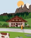 Supporting flat vector style illustration of a European landscape featuring a traditional style building, a background of a snowy mountain and green fur trees and the suggestion of a cow in the corner.