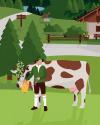 Supporting flat vector style illustration of a European landscape featuring a in traditional clothing man leading a cow in a lush landscape in front of a traditional style building in the corner.
