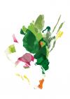 Abstract illustration featuring watercolor-style brushstrokes and shapes in various colors. Shades of blue, green, beige, and hints of red are blended and overlapped.