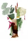 Abstract illustration featuring watercolor-style brushstrokes and shapes in various colors. Shades of blue, pink, and beige are blended and overlapped. The overall composition suggests the shape of a tree.