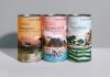 Threes cylindrical packaging designs for "Pure Tea" in the flavors Yanzhou, Annemarie and Bongani, arranged side by side in bright pastel colors. All boxes feature an illustrated scenic landscape with theme related to its flavor, showcasing green hills, trees, traditional architecture, mountains, and fauna in the foreground in a flat vector illustration style