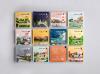 An assortment of packaging design for "Pure Tea" tea bags in various flavors, arranged in a 3x4 grid in bright pastel colors. All bags feature an illustrated scenic landscape with theme related to its flavor, showcasing green hills, trees, a traditional architecture, mountains, and fauna in the foreground in a flat vector illustration style