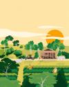 Supporting flat vector style illustration of an Indian landscape featuring a traditional style building, a background of green foliage and a setting sun in a tropical setting of warm hues