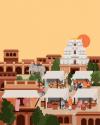 Supporting flat geometric vector style illustration of an Asian cityscape featuring traditional architecture and a setting sun with a warm sky.