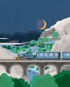 Supporting flat vector style illustration of a landscape featuring a bridge with a blue train driving across it, set against a nighttime background of a river and rocky mountains and a foreground of lush green trees.