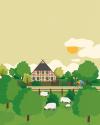 Supporting flat vector style illustration of a European landscape featuring a traditional style building among a green landscape with many short trees.