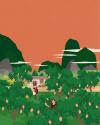 Supporting flat vector style illustration of a lush green landscape set against a solid orange sky. The foreground is full of mango trees and features a man and a woman picking mangoes in front of their traditional style home.