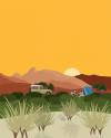Supporting flat vector style illustration of a desert landscape in warm orange and yellow hues featuring a small green truck and a person enjoying the sunset outside of a blue tent.